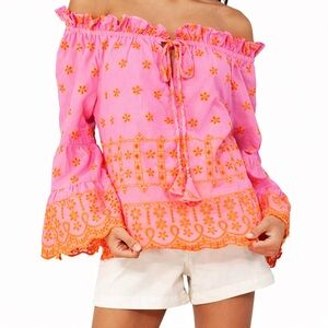 Hale Bob Pink Orange Embroidered Off Shoulder Boho Top Bell Sleeve Medium